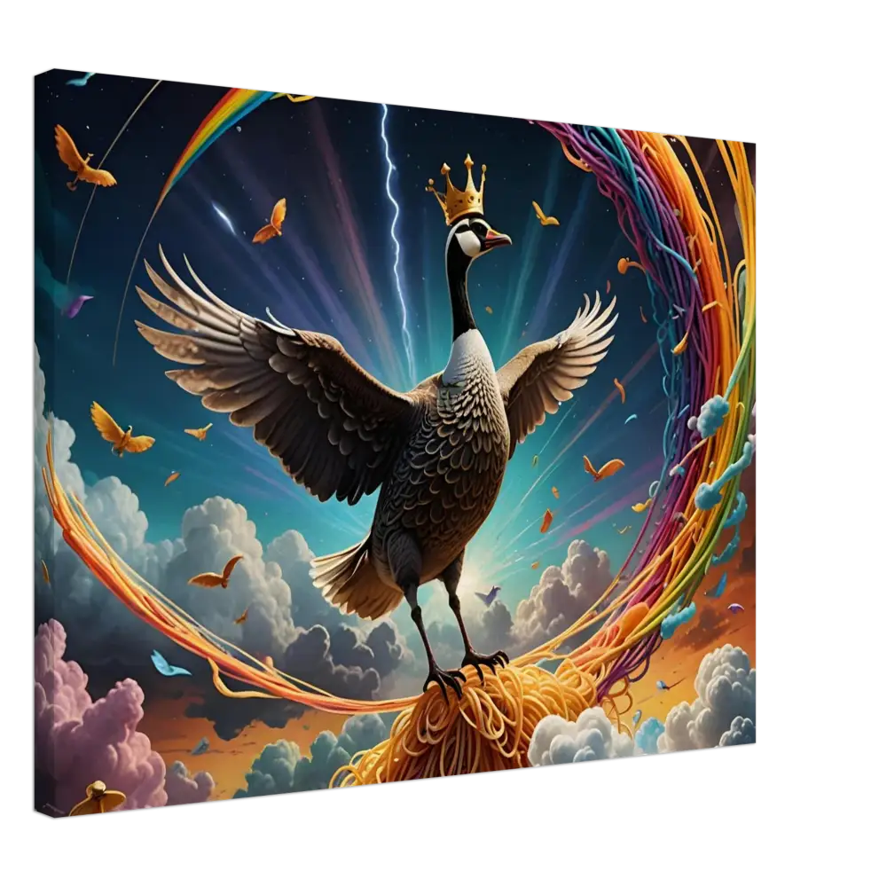 Regal goose wearing a crown on Spaghetti Goose Ascension Canvas by PixiOnyx