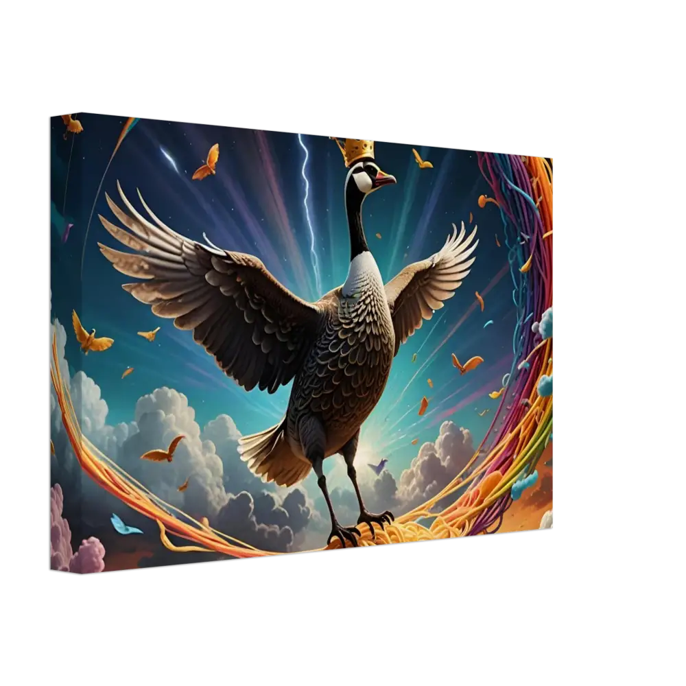 Majestic goose wearing a crown depicted on Spaghetti Goose Ascension Canvas by PixiOnyx
