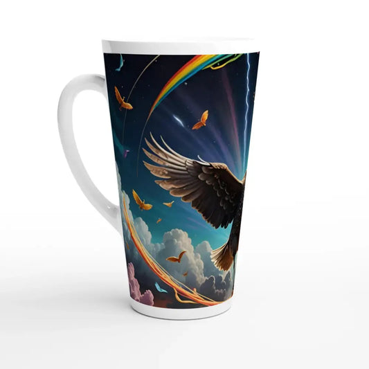 Spaghetti Goose Ascension Latte Mug with eagle and rainbow design by PixiOnyx