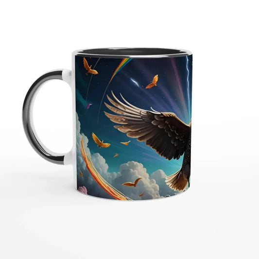 Ceramic mug with eagle and rainbow design from Spaghetti Goose Ascension Mug Lightning Bird Brew PixiOnyx 11oz