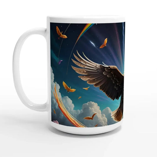 White ceramic Mug with eagle and rainbow design for Spaghetti Goose Ascension Thundercluck Supreme