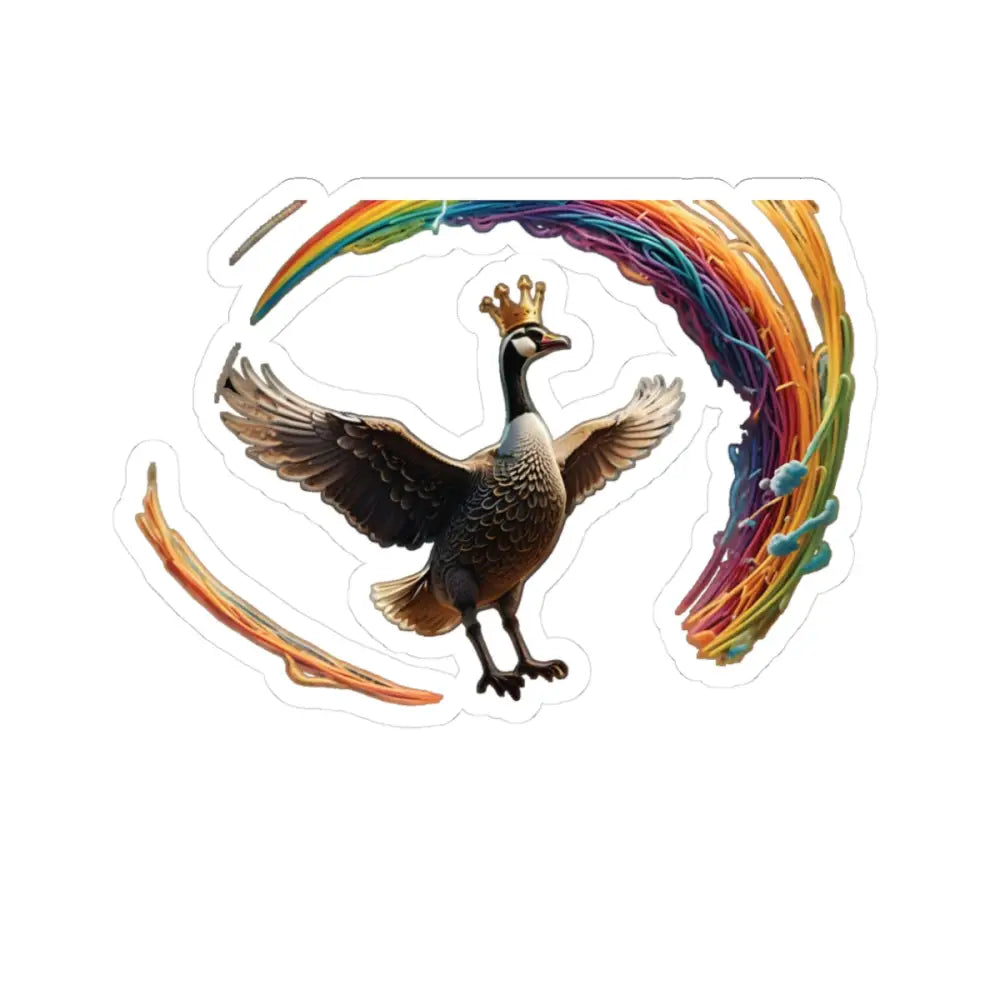 Goose with a crown under a rainbow arc on Spaghetti Goose Ascension vinyl decal