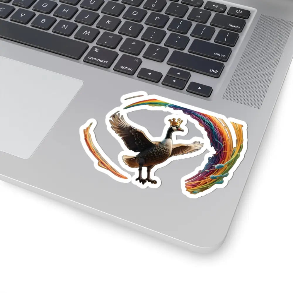 Laptop sticker featuring a crowned goose with rainbow swirl from Spaghetti Goose Ascension Decal
