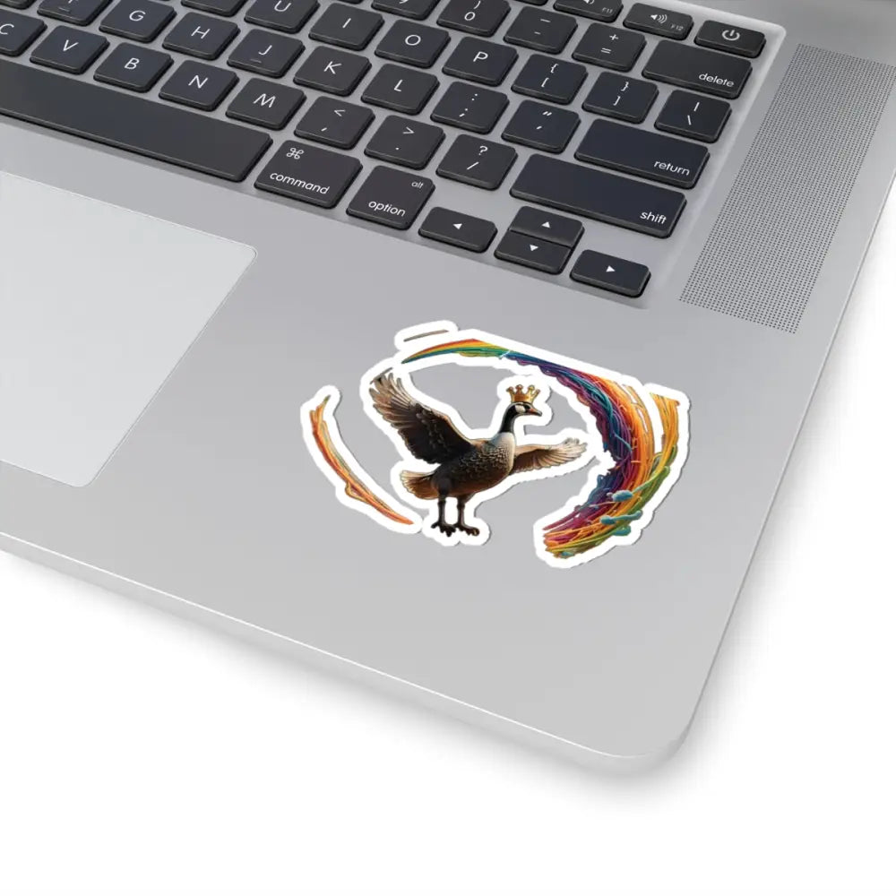 Spaghetti Goose Ascension sticker featuring a goose with crown and rainbow trail design