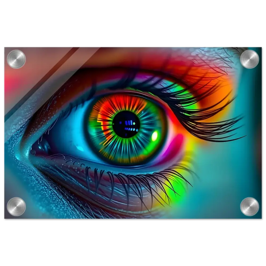 Vibrant rainbow eye art displayed on Spectrum Vision Acrylic Print by PixiOnyx