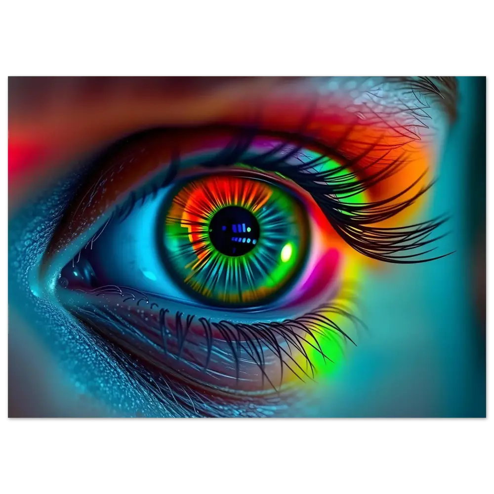 Vibrant rainbow-colored human eye displayed on Spectrum Vision Aluminum Print by PixiOnyx