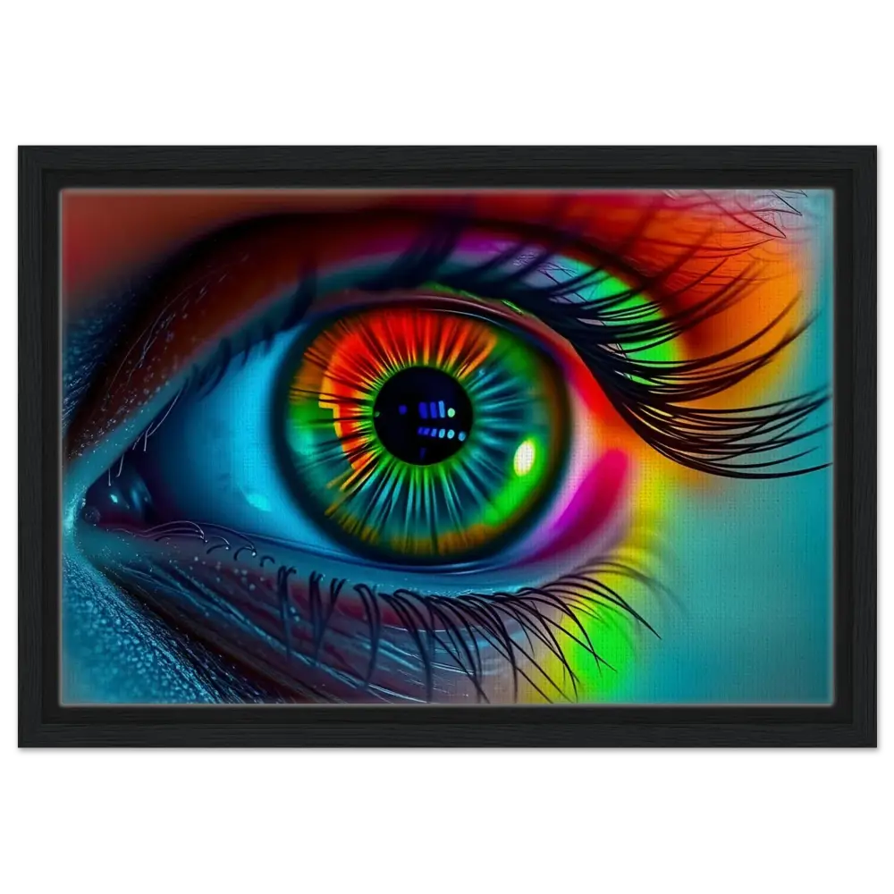 Colorful eye artwork on Spectrum Vision Framed Canvas with Trance Core design by PixiOnyx