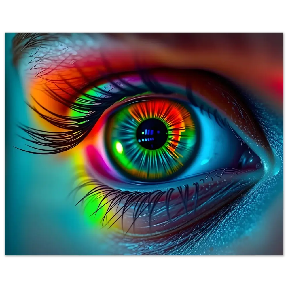 Rainbow-colored human eye aluminum print displayed on Spectrum Vision Mirrored Gloss Metal Display