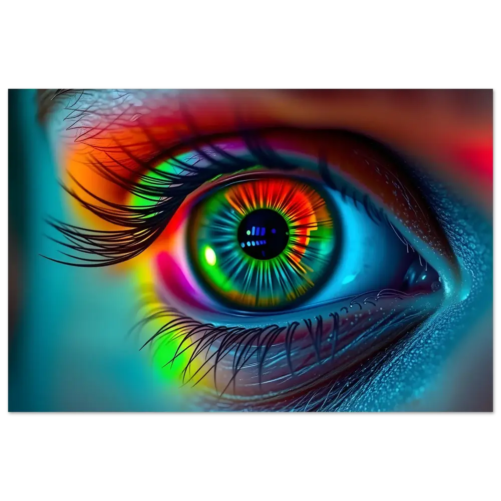Rainbow-colored human eye displayed on Spectrum Vision Mirrored Aluminum Print by PixiOnyx