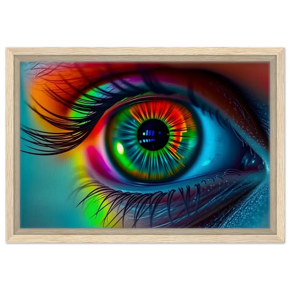 Framed colorful eye art titled Spectrum Vision Mirrored Canvas by PixiOnyx