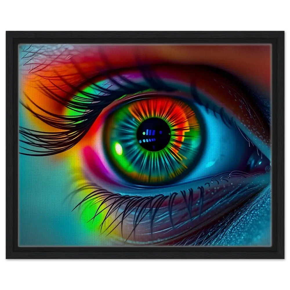 Colorful framed eye art titled Spectrum Vision Mirrored Canvas by PixiOnyx