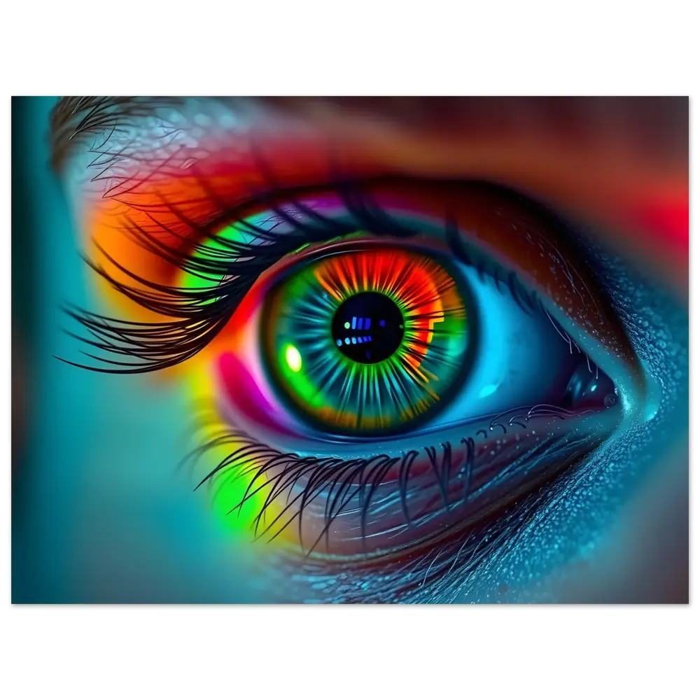 Vibrant rainbow-colored human eye in Spectrum Vision Mirrored Framed Poster by PixiOnyx
