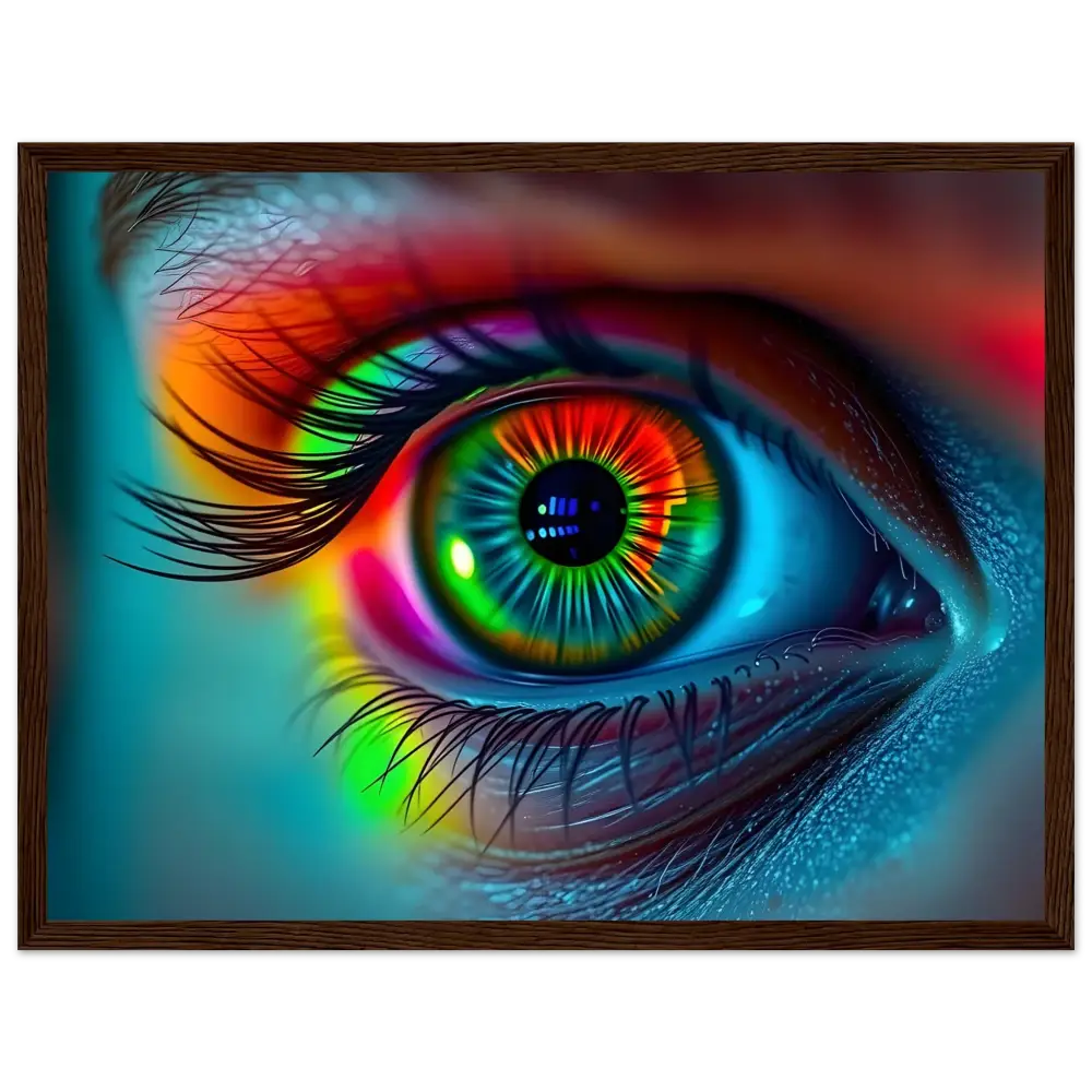 Rainbow-colored human eye displayed in Spectrum Vision Mirrored Framed Poster on PixiOnyx Rainbow Frame