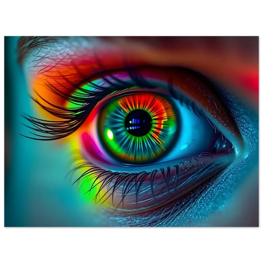 Vibrant rainbow-colored human eye from Spectrum Vision Poster Mirrored Chromatic Reflection