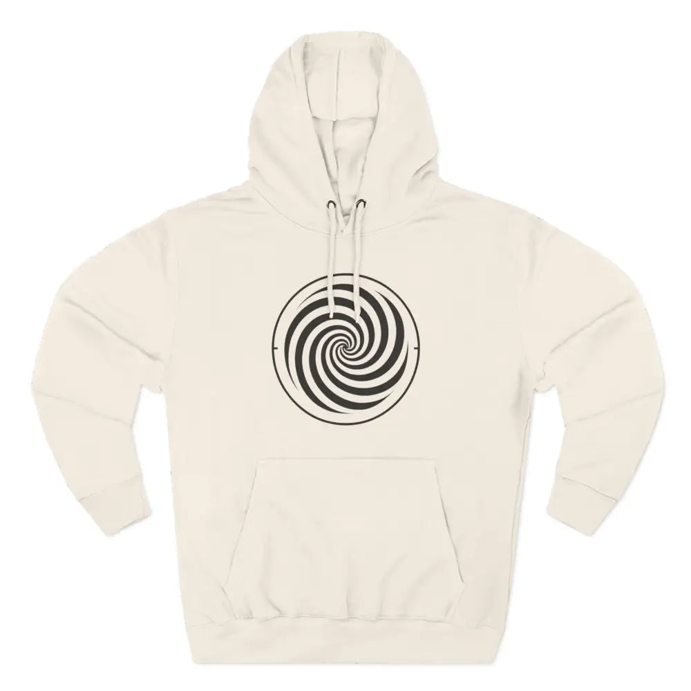 Off-white fleece hoodie with black spiral design, spacious kangaroo pocket, perfect for fall