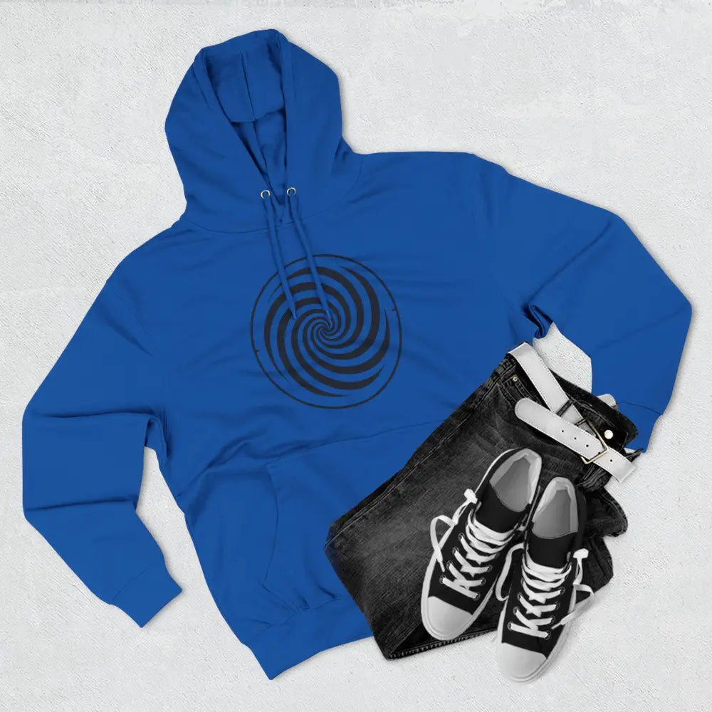 Royal blue fleece hoodie with black spiral design and spacious kangaroo pocket for cozy streetwear