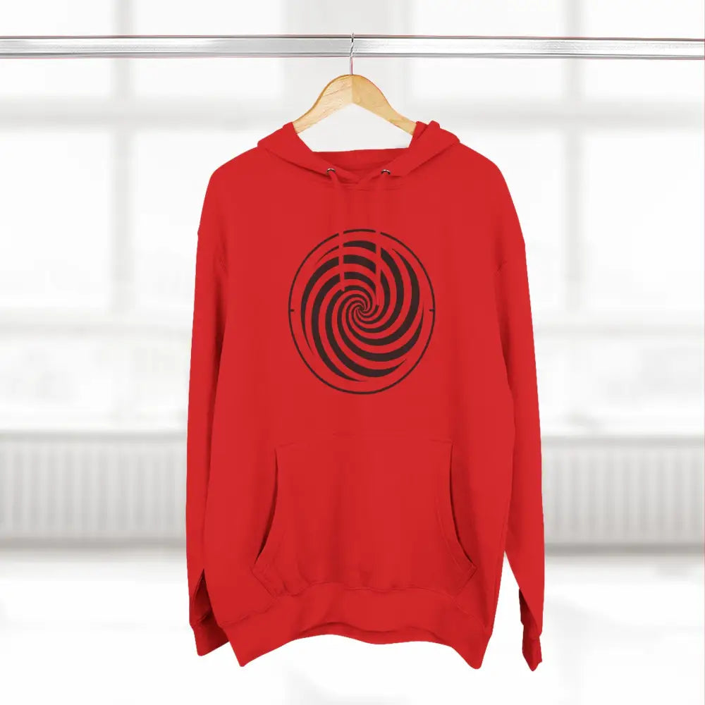 Red hooded fleece hoodie with black spiral design and spacious kangaroo pocket