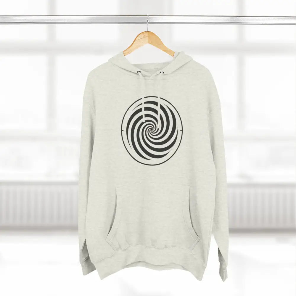 Light-colored fleece hoodie with black spiral design and spacious kangaroo pocket for cozy streetwear