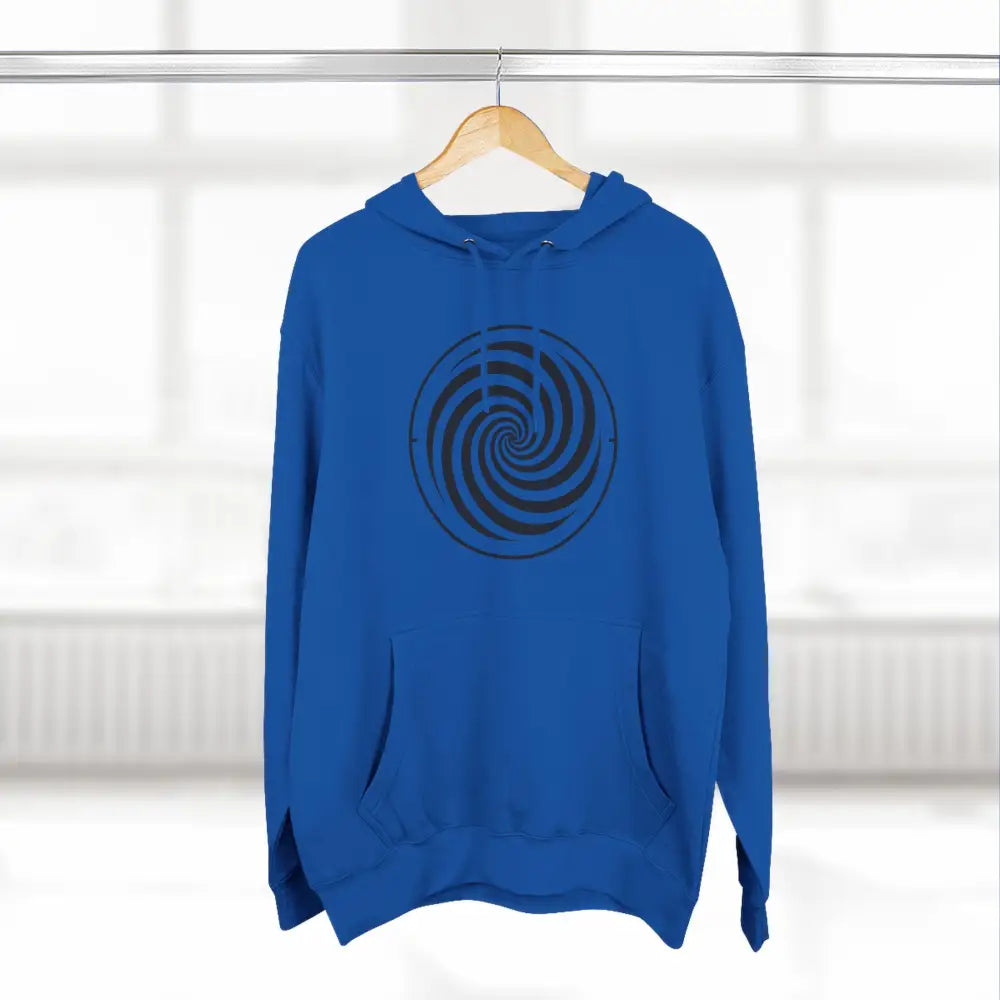 Royal blue fleece hoodie with black spiral design, spacious kangaroo pocket, perfect for fall