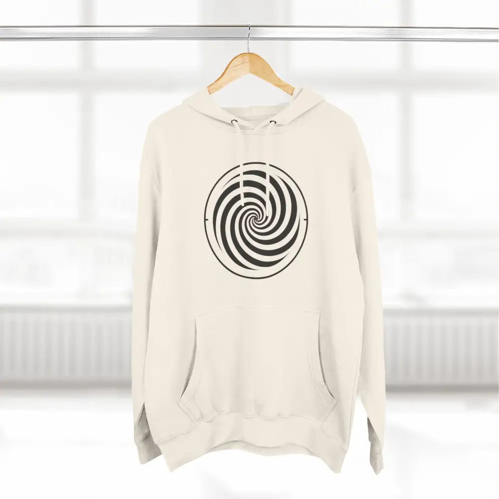 Cream-colored fleece hoodie with black and white spiral design, spacious kangaroo pocket
