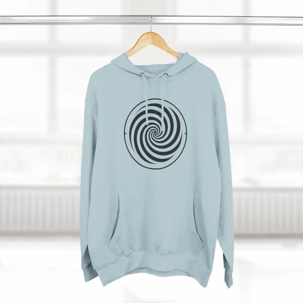 Light blue fleece hoodie with black spiral design and spacious kangaroo pocket for cozy streetwear