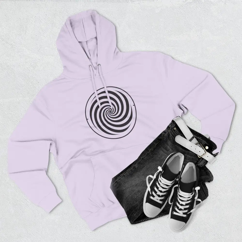 Light purple fleece hoodie with black and white spiral design and spacious kangaroo pocket