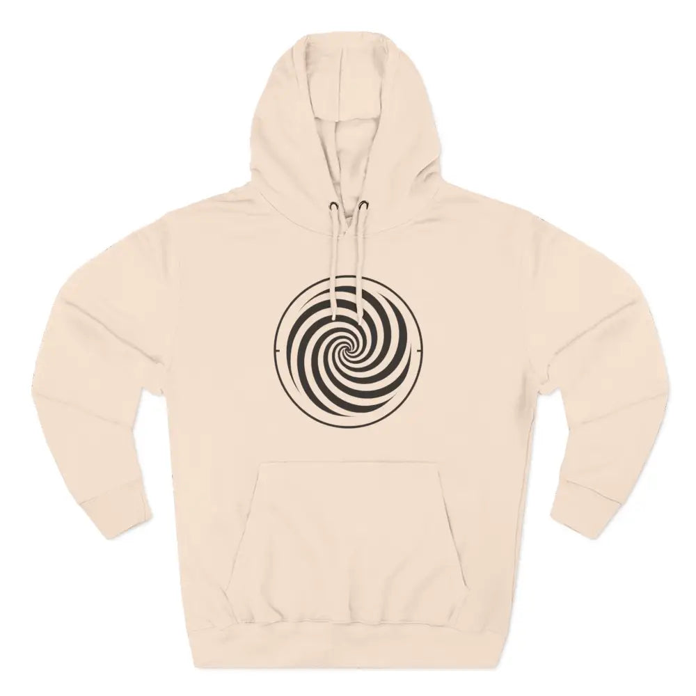 Cream-colored fleece hoodie with black spiral design and spacious kangaroo pocket