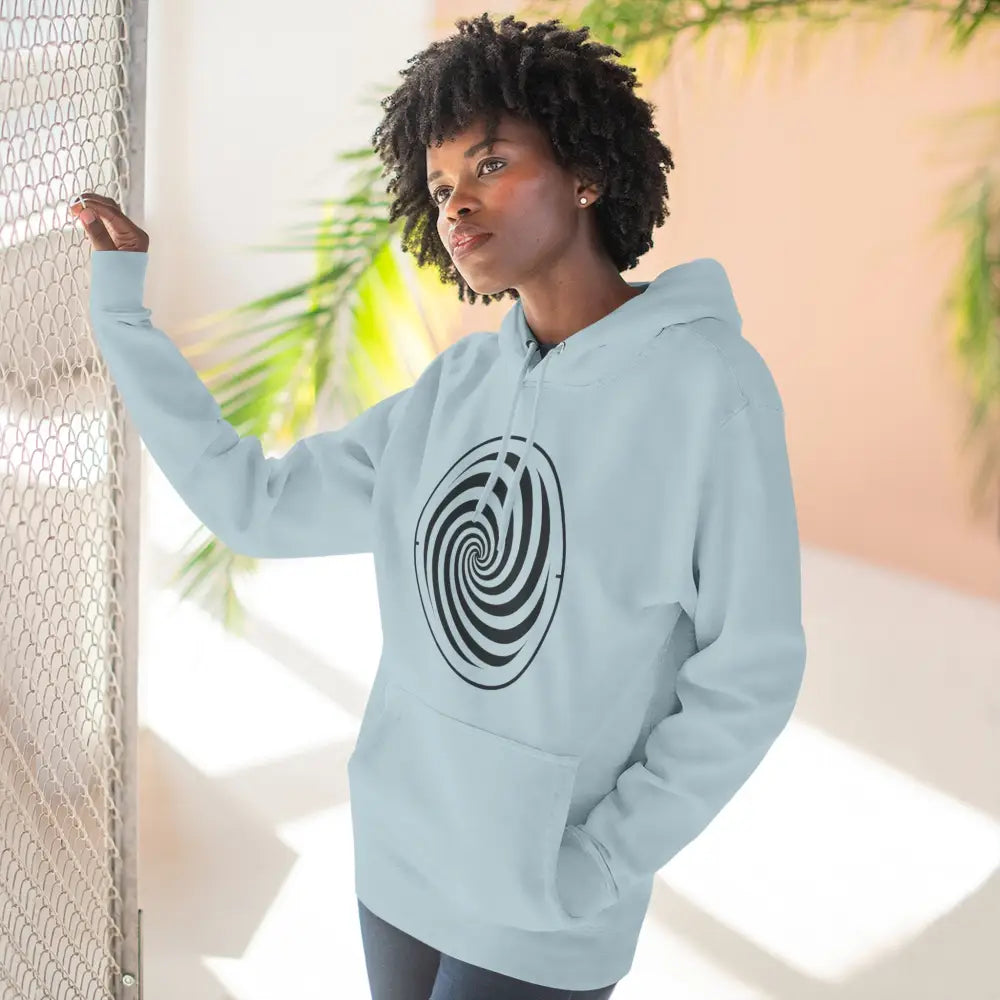 Light blue fleece hoodie with black spiral design and spacious kangaroo pocket for cozy fall wear