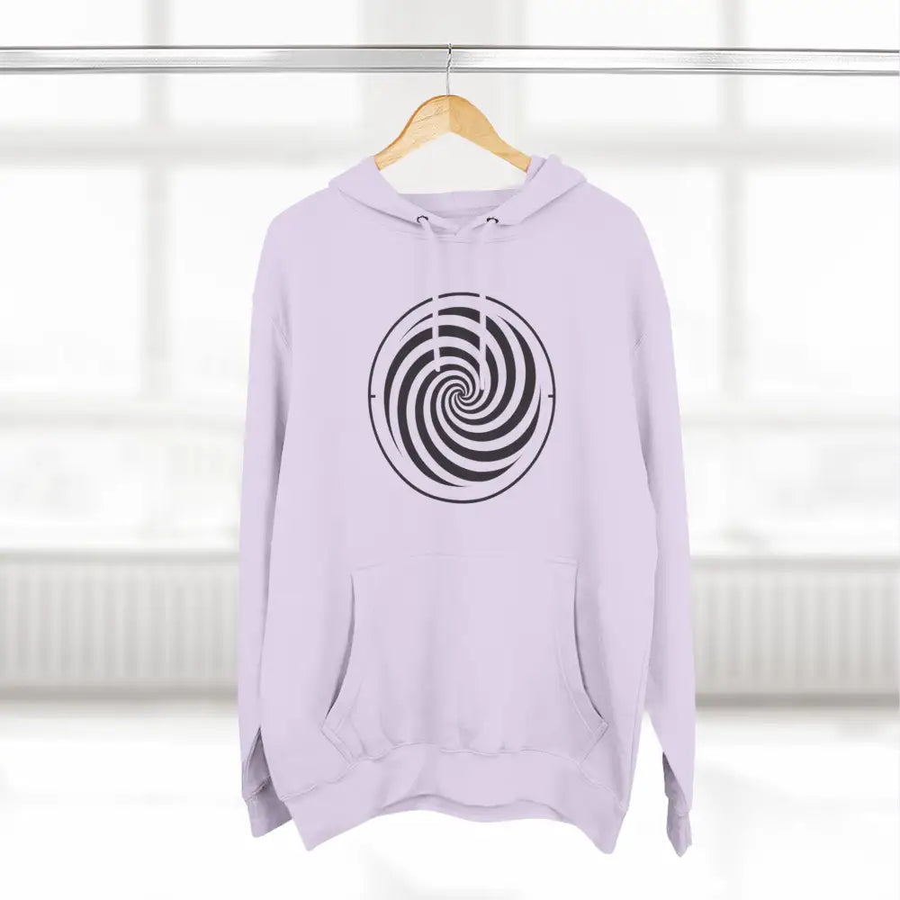 Light purple fleece hoodie with black and white spiral design and spacious kangaroo pocket