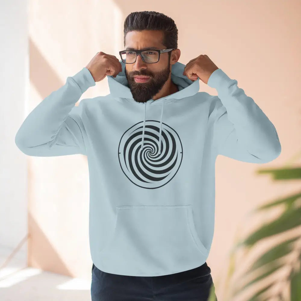 Light blue fleece hoodie with spiral design and spacious kangaroo pocket for cozy fall style