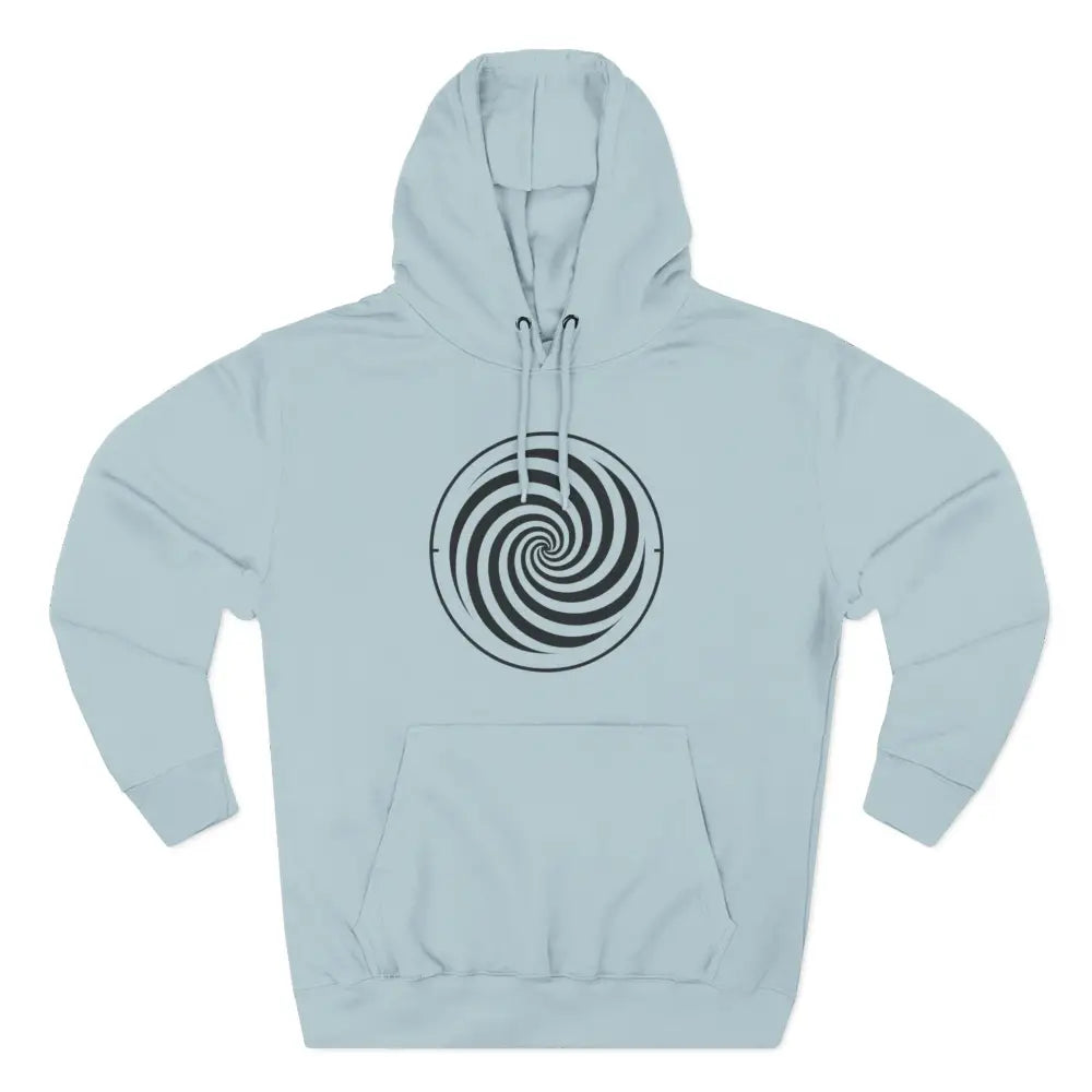 Light blue fleece hoodie with black and white spiral design, spacious kangaroo pocket, perfect for fall