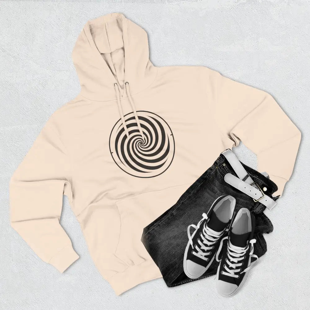 Light peach fleece hoodie with black and white spiral design and spacious kangaroo pocket