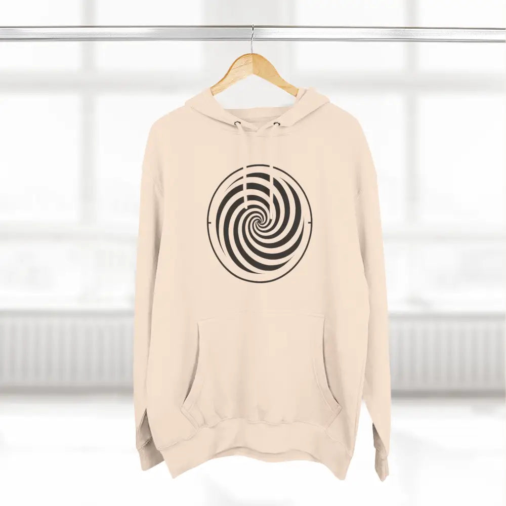 Cream-colored fleece hoodie with black and white spiral design, spacious kangaroo pocket, cozy streetwear