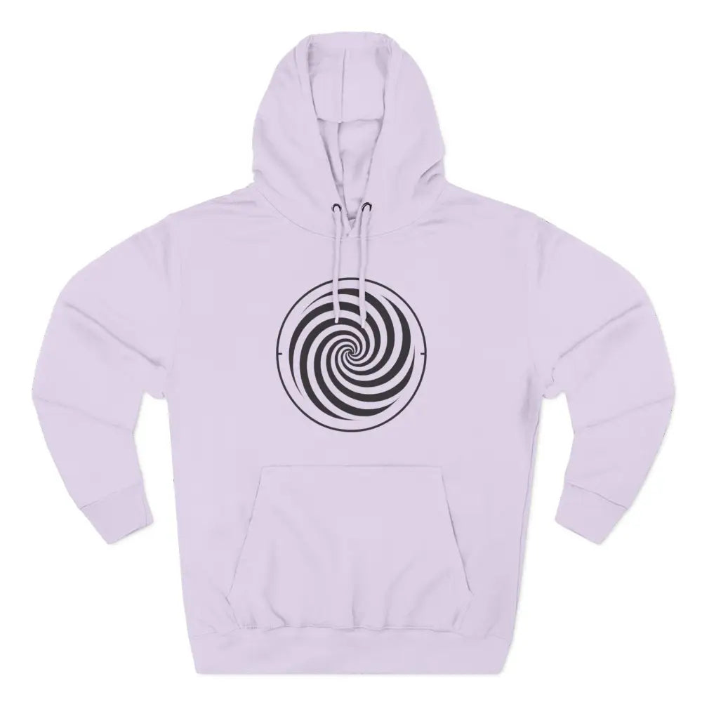 Light purple fleece hoodie with black and white spiral design and spacious kangaroo pocket