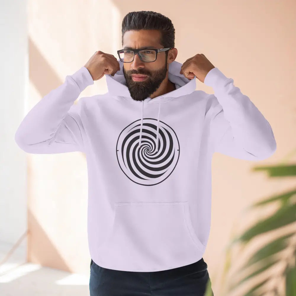 White fleece hoodie with black and white spiral design, spacious kangaroo pocket, cozy streetwear