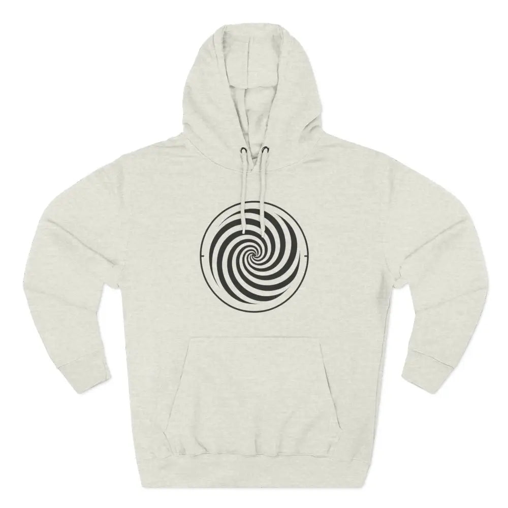 White hooded fleece hoodie with black and white spiral design and spacious kangaroo pocket