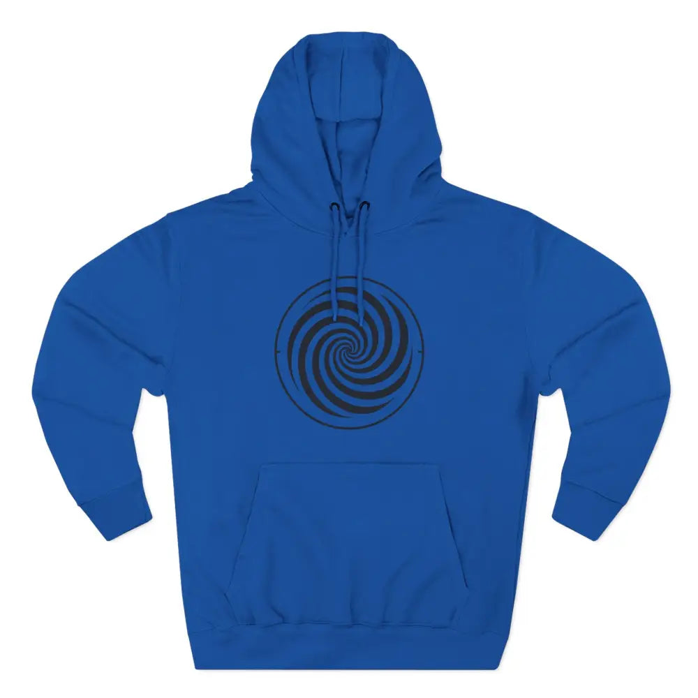 Royal blue fleece hoodie with black spiral design, spacious kangaroo pocket, perfect for fall