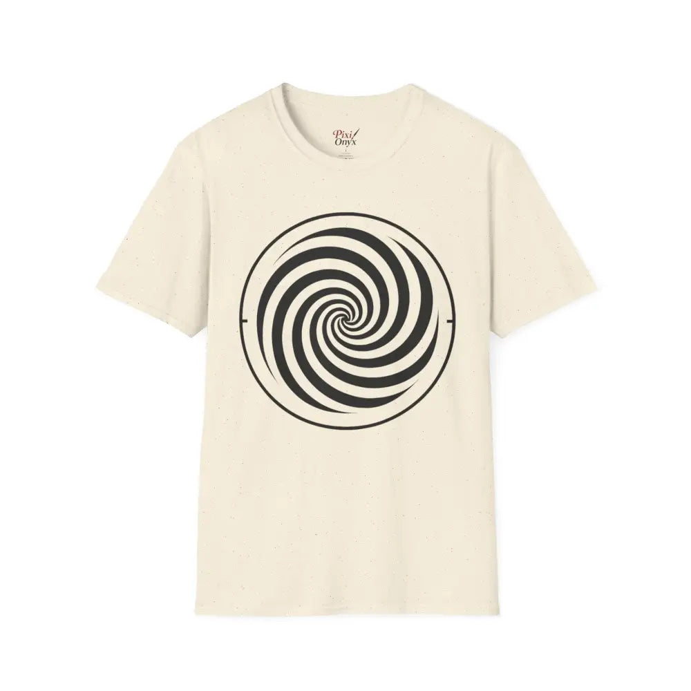 Light cream-colored unisex softstyle T-shirt with black and white spiral design in ring-spun cotton