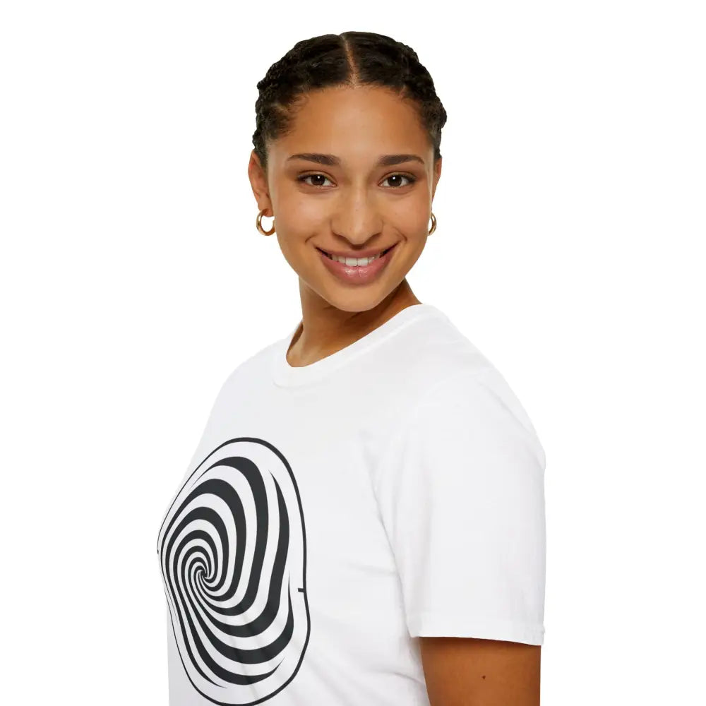 Woman with braided hair and hoop earrings wearing a white unisex softstyle spiral graphic tee