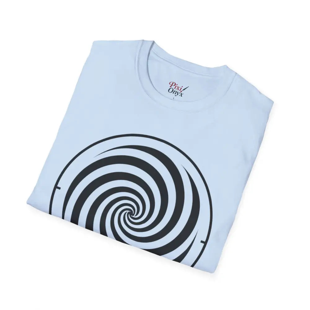 Light blue unisex softstyle T-shirt with black and white spiral design made from ring-spun cotton