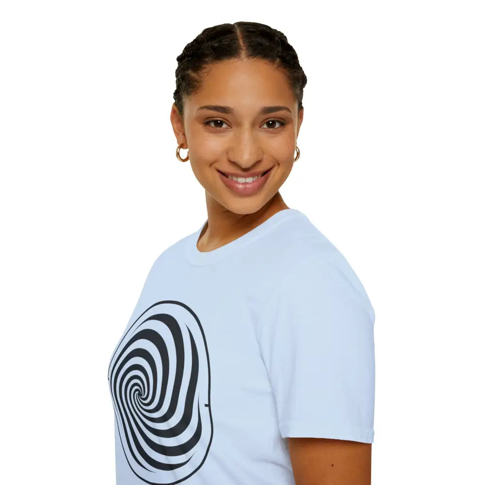Smiling young woman with braided hair wearing unisex softstyle Spiral Graphic Tee in ring-spun cotton