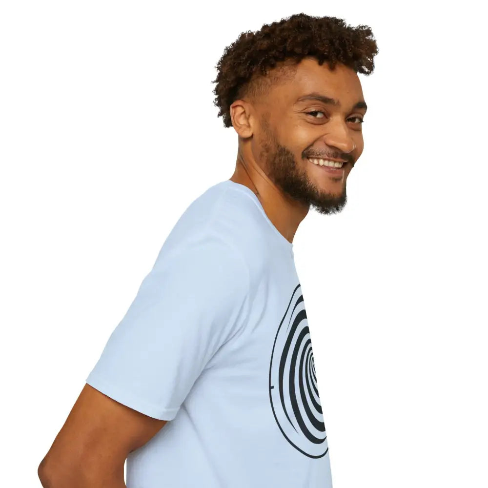 Light blue unisex softstyle T-shirt with black and white spiral design made of ring-spun cotton