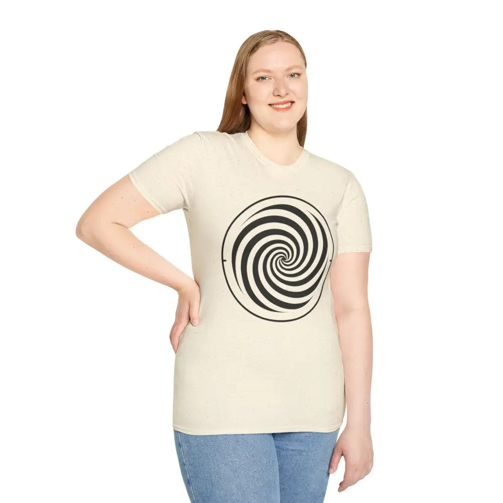 Unisex softstyle Spiral Graphic Tee made of ring-spun cotton with black and white spiral design