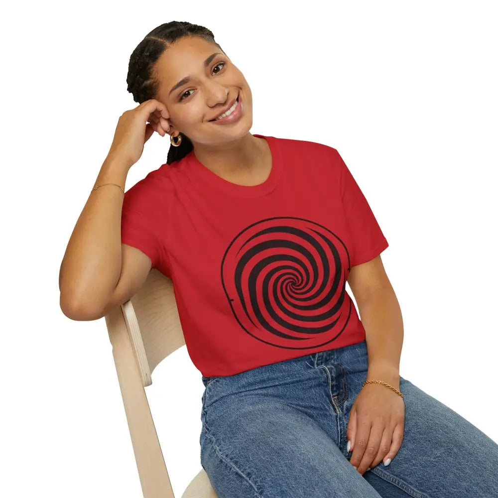 Woman wearing a red Spiral Graphic Tee unisex softstyle ring-spun cotton casual wear