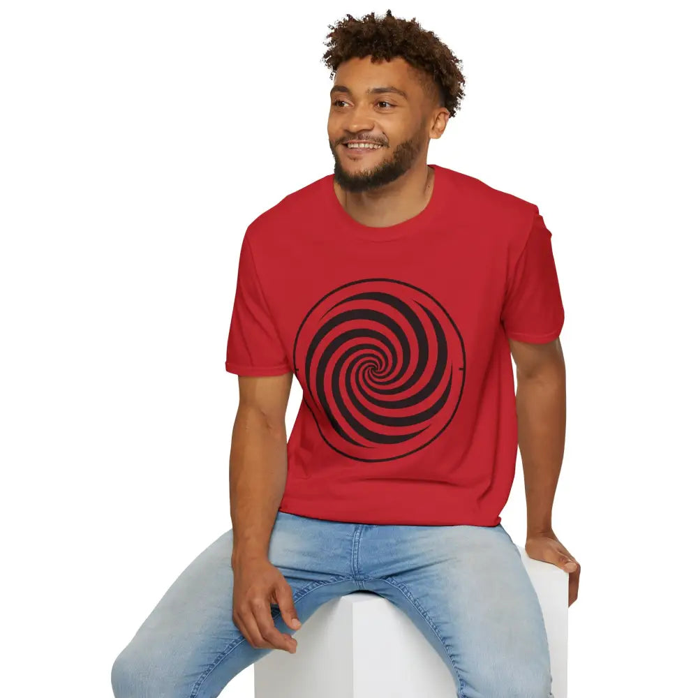 Red unisex softstyle T-shirt with spiral graphic made from ring-spun cotton, casual wear