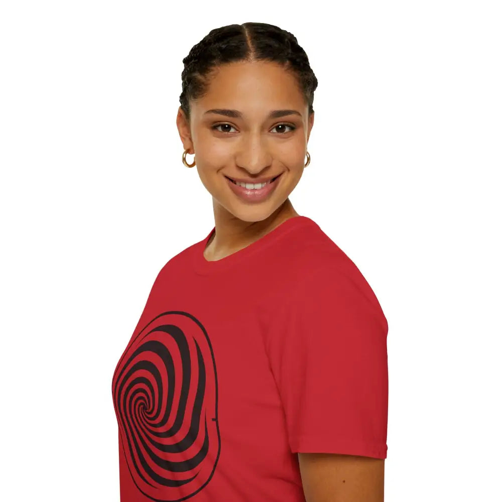 Woman wearing a red unisex softstyle T-shirt with black spiral design, ring-spun cotton
