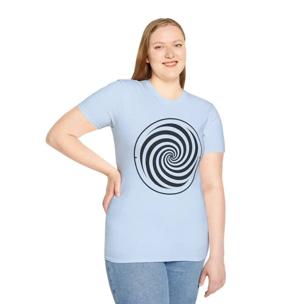 Woman in light blue unisex softstyle T-shirt with black and white spiral design, ring-spun cotton