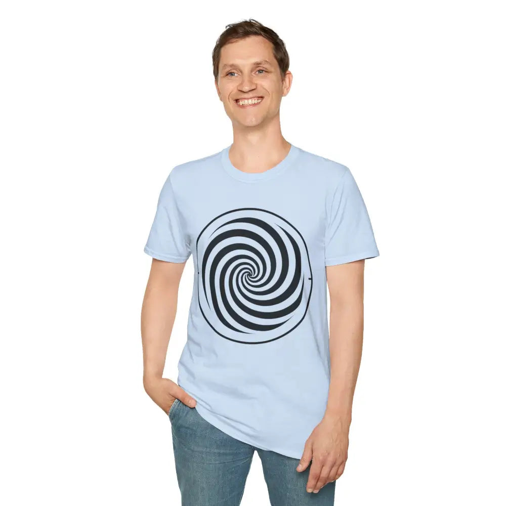 Light blue unisex softstyle T-shirt with black and white spiral design made from ring-spun cotton