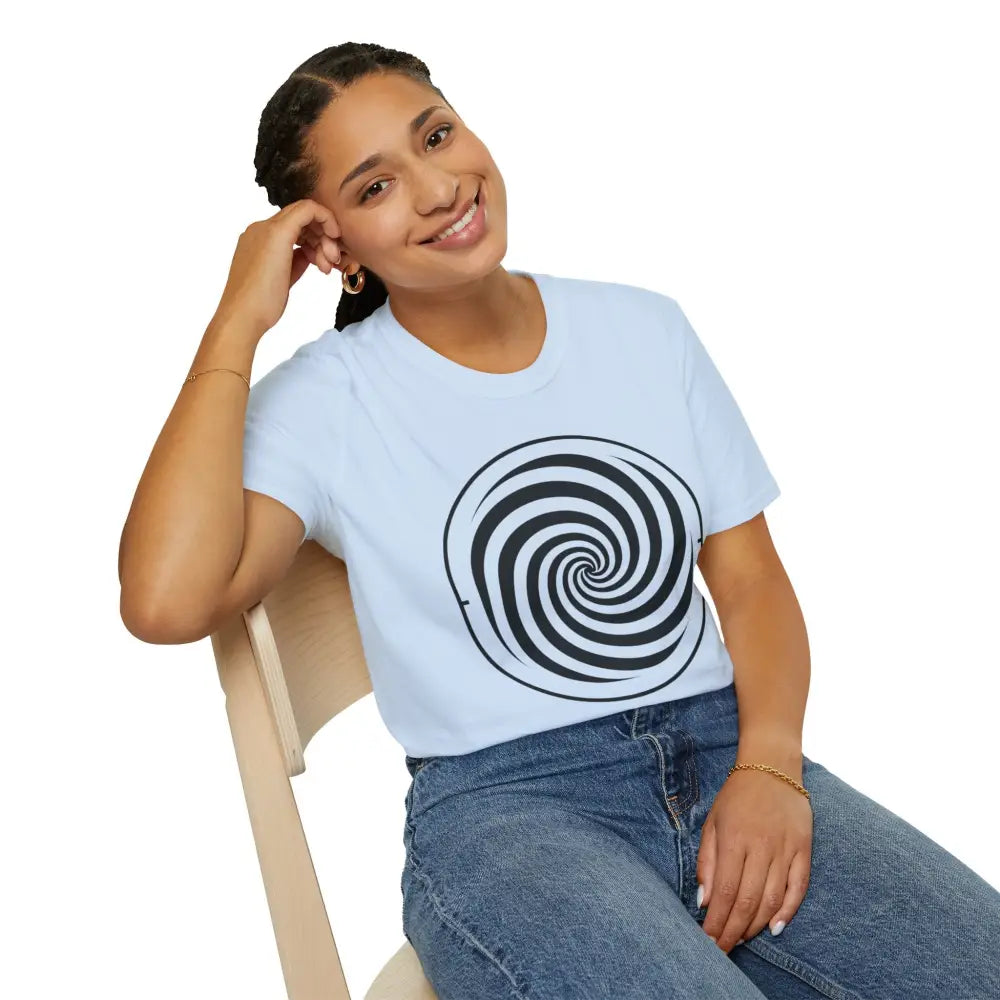 Light blue unisex softstyle T-shirt with black and white spiral design, ring-spun cotton
