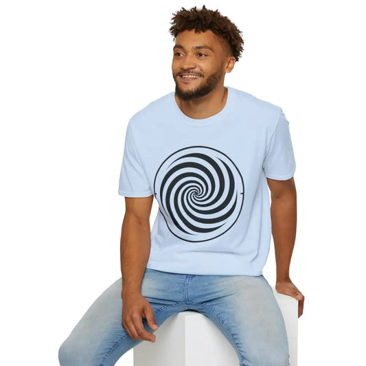 Light blue unisex softstyle T-shirt with black and white spiral design, ring-spun cotton